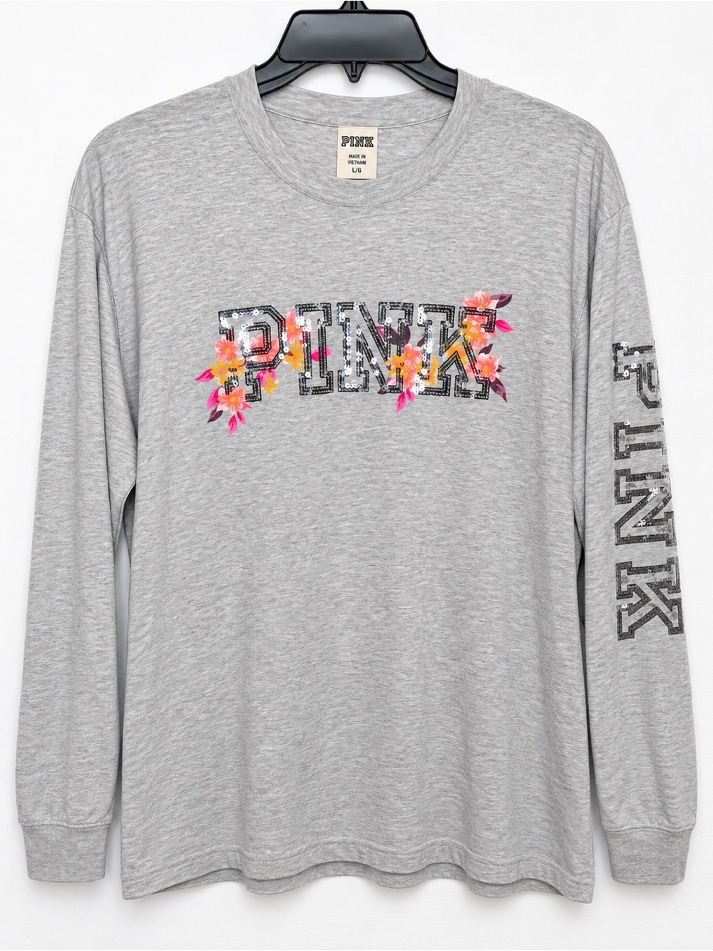 Victoria’s Secret PINK Gray Long Sleeve Floral Sequin Logo Shirt Size M